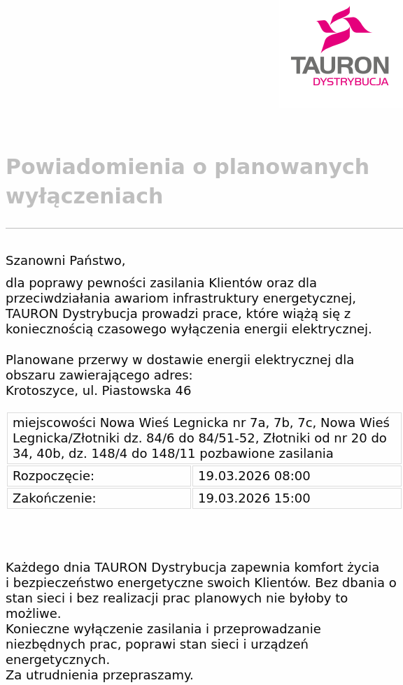 tauron komunikat 16 03