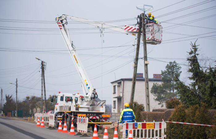 zdjęcie energetyków naprawiających gniazdo bocianie