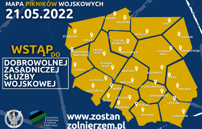 Grafika Poslki z miejscowościami gdzie odbędzie się piknik wojskowy